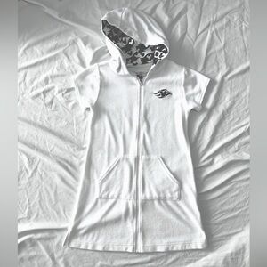 Disney Cruise Line White Full Zip Hooded Coverup w/ Black Mickey Pattern, Size M
